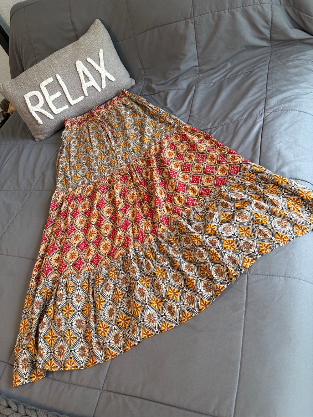 Boho Maxi Skirt Red Blue Mustard Ethnic Pattern S New Tiered Bohemian Paisley